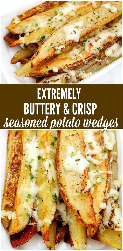 Easy recipe for the best seasoned potato wedges ever. Perfect for a snack, side dish or even parties. Buttery, crispy potato perfection everyone will love! Appetizers Seasoned Wedges, Cheesy Potato Wedges, Cafeteria Recipes, Recipe Apps, Seasoned Potato Wedges, Baked Potato Wedges, Buttery Potatoes, Wedges Recipe, Seasoned Potatoes