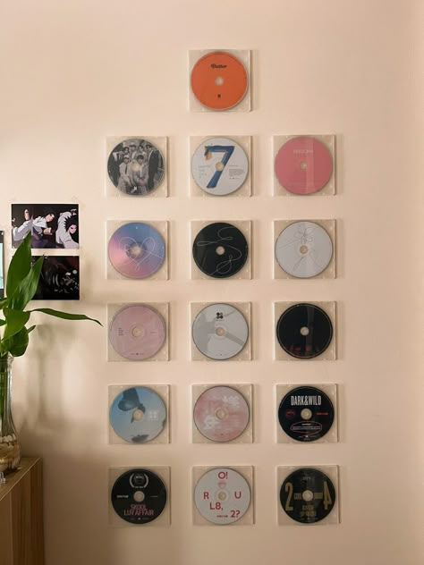 Kpop Room Wall, Cozy Kawaii, Cd Wall Art, Cd Wall, Windows To The Soul, Army Room Decor, Kpop Room, Cd Decor, Easy Room Decor