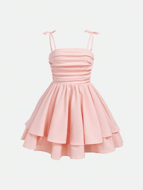 Teen Girl Solid Color Ruched Bubble Ruched Layered Hem Casual Strap Dress Baby Pink Casual  Sleeveless Woven Fabric Plain Cami Non-Stretch  Teen Girls Clothing, size features are:Bust: ,Length: ,Sleeve Length: Hoco Dresses 6th Grade, Pink Dress Ideas Casual, First Dance Dress Middle School, 6th Grade School Dance Dresses, Cute Dresses Pink Girly, Cute Dresses Graduation, Casual Teen Dresses, Cute Light Pink Dress, 6th Grade Dresses For Dances