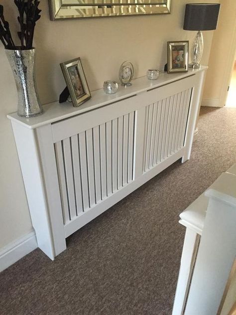 Radiator Cover Ideas, Shelf Hallway, Modern Radiator Cover, Diy Radiator Cover, White Radiator, White Radiator Covers, Painted Radiator, Wood Shelving, Radiators Modern