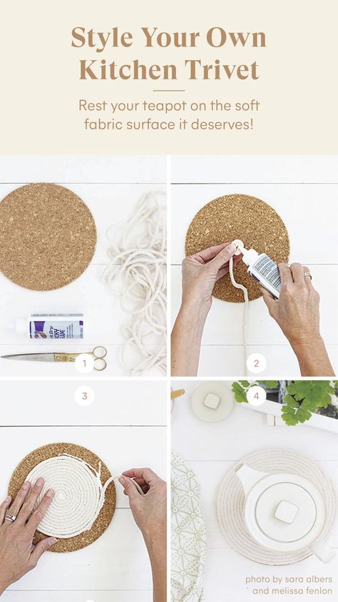 Cork Trivet Ideas, Trivet Ideas, Diy Trivet, Hot Pads Diy, Rope Trivet, Ribbon Flip Flops, Trivets Diy, Decorating On A Dime, Sell Ideas