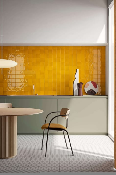 Yellow Vitra tiles line the wall of this colourful kitchen. Photo via Vitra #kitchen #kitchendesign #interiors #interiorstyle #colourfulinteriors #colourfulkitchen Yellow Kitchen Tiles, Mustard Kitchen, Wooden Dining Furniture, Colourful Kitchen, Yellow Kitchen, Kitchen Tile, More Design, Minimalist Kitchen, Design Kitchen