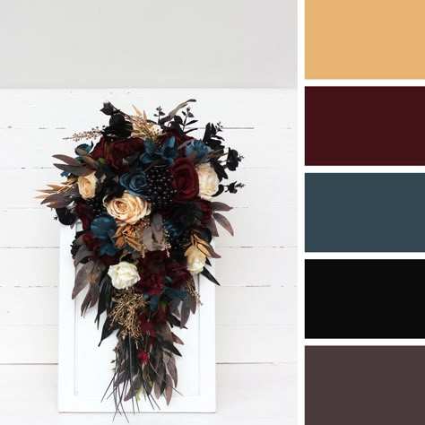 "All dimensions are total length or width. Bridal bouquet: The length of the cascading bouquet- 20\" Width of bridesmaid bouquet -10\"( 25 cm) Thanks for visiting 😊" Wedding Color With Black, Wedding Color Combos Black, Gothic Jewel Tone Wedding, Fall Wedding Colors With Black, Witchy Bridal Bouquet, Moody Wedding Colors Colour Palettes, Dark Teal And Maroon Wedding, Dark Teal Burgundy Burnt Orange Wedding, Dark Maroon Wedding Theme