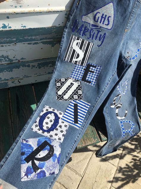 I custom create spirit overalls! For cheerleaders, school spirit, any sport or occasion... you supply the overalls and I do the rest! You can find me on fb or Instagram💙 Decorated Overalls For Football, Spirit Day Overalls, Decorated Overalls Homecoming, Spirit Overalls Diy High Schools, Spirit Overalls Homecoming, Cheer Overalls, Mj Homecoming, School Spirit Pants, Senior Custom Jeans