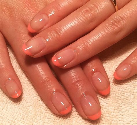 Day 223: Coral French Nail Art French Tip Coral Nails, Coral Tip Nails, Coral French Nails, Coral French Tips, Coral French Tip Nails, French Tip Nails Square, Colorful French Tip Nails, Natural French Nails, Coral Nail Art