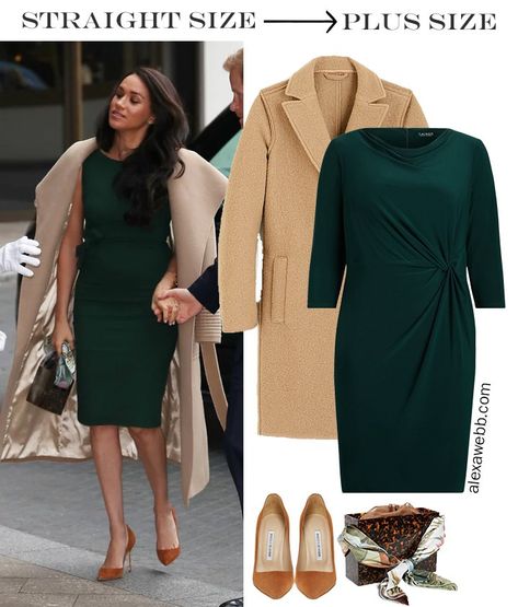 Straight Size to Plus Size - Meghan Markle in Green Dress with Camel Coat - Alexa Webb #plussize #alexawebb Green Dress With Coat Outfit, Plus Size Camel Coat, Styling Green Dress, Green Dress Styling, Green Dress Outfit Casual, Coat And Dress Outfit, Green Dress Outfits, Dress And Coat Outfit, Green Dress Outfit