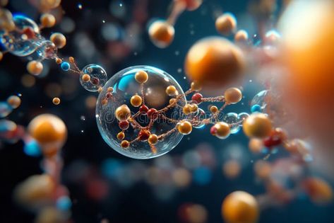 Molecular structure with colorful particles suspended in transparent bubbles. Scientific research, nanotechnology stock image Molecular Structure, Vector Banner, Scientific Research, Nanotechnology, Biochemistry, Bubbles, Stock Images, Engineering, Quick Saves