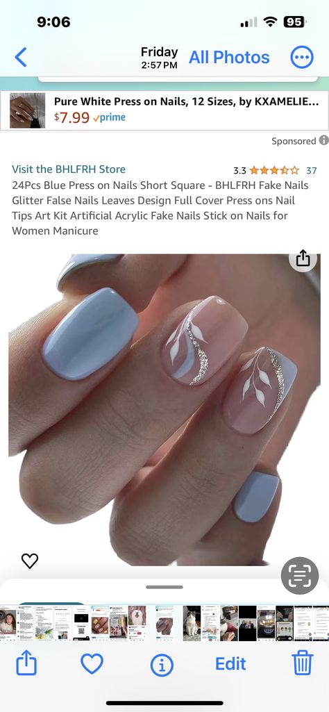 Nails To Match Dusty Blue Dress, Steel Blue Nails Wedding, Dusty Blue Nail Designs, Sage Green And Dusty Blue Nails, Bridesmaid Nails Dusty Blue, Dusty Blue Wedding Nails, Silver And Light Blue Nails, Something Blue Nails, Pale Blue And Silver Nails