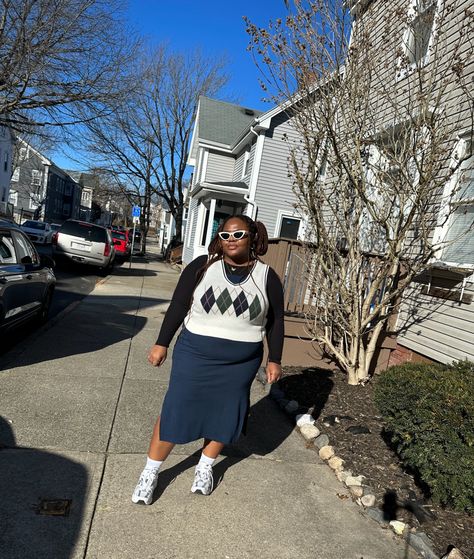 Winter Outfit Idea, long dress, new balance, knit vest, long sleeve shirt, plus size outfit Under Shirt Outfit, Shirt Outfit Plus Size, Long Sleeve Under Shirt Outfit, Long Sleeve Under Shirt, Outfit Plus Size, Under Shirt, Plus Size Outfit, Urban Style, Knit Vest