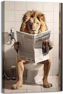 GLOKAKA Funny Bathroom Wall Art Cute Lion Sitting on Toilet Reading Newspaper Canvas Print Picture Humor Animal Wall Art For Bathroom Bedroom Kitchen,Ready to Hang Lion Sitting, Sitting On Toilet, Wall Art For Bathroom, Humor Animal, Newspaper Canvas, Art For Bathroom, Reading Newspaper, Cute Lion, Funny Bathroom