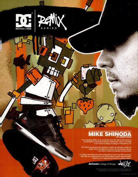 Mike Shinoda (Linkin Park) for DC Shoes, featured in the November 2004 issue of SPIN magazine Linkin Park Poster Vintage, Linkin Park Aesthetic Poster, Korn Magazine Cover, Korn Magazine 90s, Linkin Park Concert Poster, Spin Magazine, Dvs Shoes, 90s Street Style, Shoe Poster