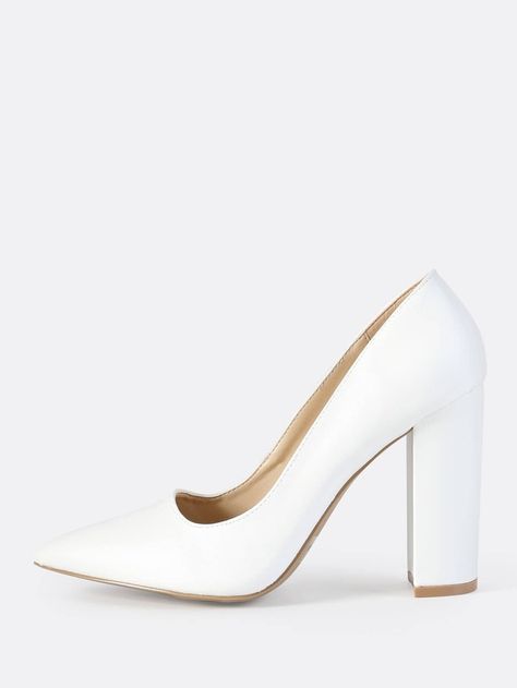 Faux Leather Closed Toe Chunky Heel WHITE | SHEIN USA White Heels Closed Toe, Heels Closed Toe, White High Heel Shoes, Medium Heel Shoes, Hak Tinggi, Trendy Heels, Closed Toe Heels, White High Heels, Wedding Shoes Bride