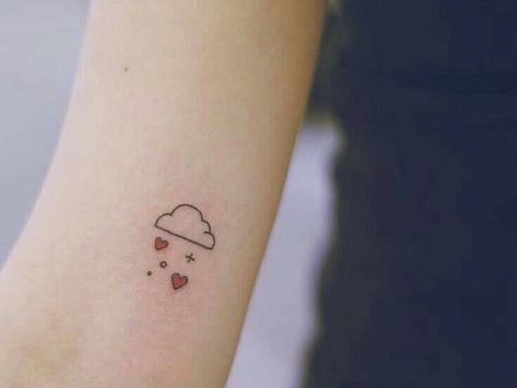 Cloud With Hearts Tattoo, Cloud Raining Hearts Tattoo, Cloud Heart Tattoo, Rain Drop Tattoo, Small Cloud Tattoo, Rain Cloud Tattoos, Cloud Tattoo Ideas, Tattoo Tour, Rain Tattoo