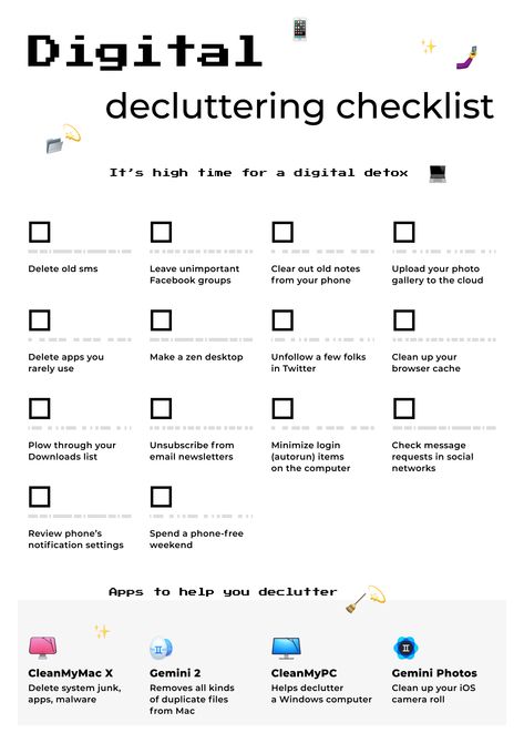 Your Decluttering Checklist #decluttering, #minimalism #macbook Social Media Declutter Checklist, Digital Declutter Checklist, Phone Declutter Checklist, Minimalism Checklist, Phone Declutter, Desk Checklist, Minimal Organization, Digital Declutter, Checklist Ideas