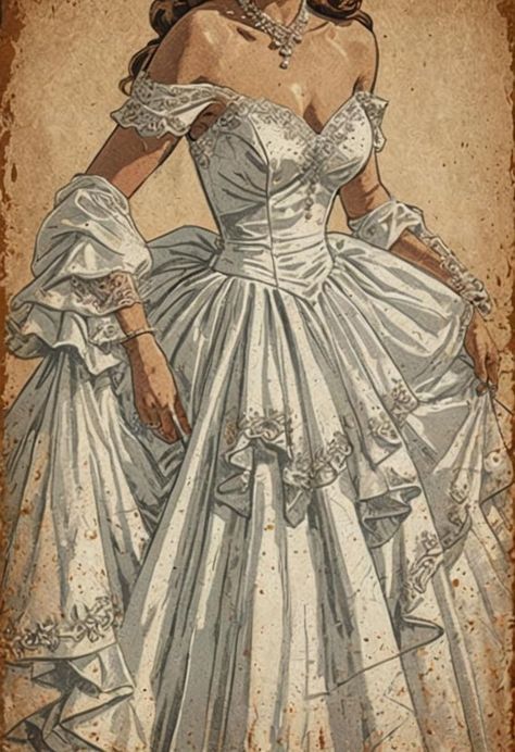 Prom Dress Victorian, Regency Era Drawings, Prom Dresses Iconic, Vintage Dress Patterns Victorian, White Prom Dress Inspiration, Victorian Dress Ideas, Victorian Prom Dresses, Vintage Dresses Drawing, Vintage Inspired Prom Dresses