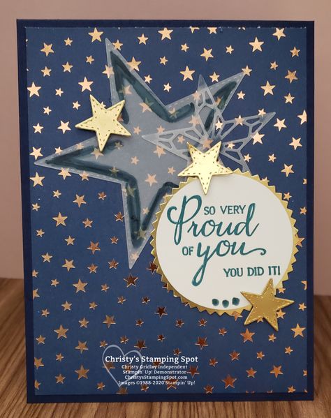 Stampin' Up! Brightly Gleaming DSP, Stitched Stars Dies, and Royal Peacock stamp set. #GDP215 #RoyalPeacock Stitched Stars Stampin Up Cards, Stampin Up Congratulations Cards, Stampin Up Stitched Stars, Congrats Wishes, Stampin Up Graduation Cards, Congrats Cards, Royal Peacock, Graduation Cards Handmade, Everyday Cards