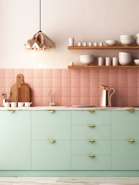 #AD such an interesting and beautiful colour combination for a kitchen in mint green with pink tiles Mint Green Kitchen, Copper Kitchen Backsplash, Mint Kitchen, Green Kitchen Designs, Breakfast Kitchen, Pastel Kitchen, Kitchen Design Color, Fresh Kitchen, Interior Vintage