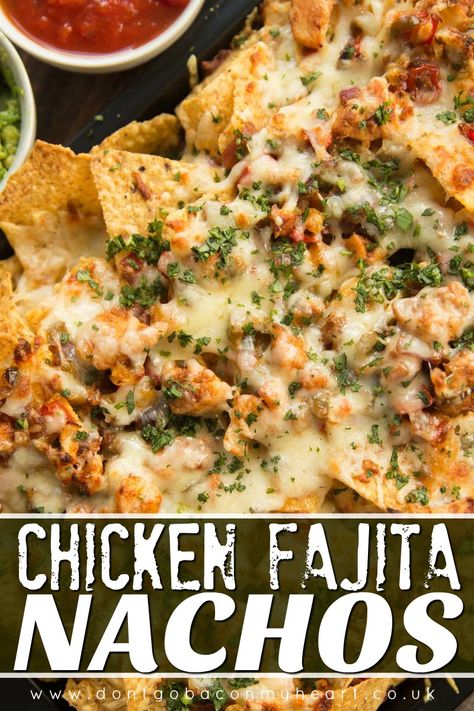 Chicken Fajitas Tacos Recipe, Homemade Nachos Chicken, Fajita Nachos Recipe Chicken, Chicken Fajitas Nachos With Queso, Nacho Recipes Chicken, Chicken Fajita Leftover Ideas, Chicken Fajitas Nachos, Chicken Fajita Nachos With Queso, Rotisserie Chicken Nachos Recipe