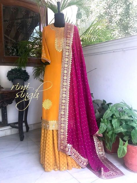 Yellow Gharara, Turmeric Yellow, Georgette Sharara, Sharara Designs, Punjabi Outfits, Indian Designer Suits, Fancy Dress Design, Indian Designer Outfits, Indian Attire