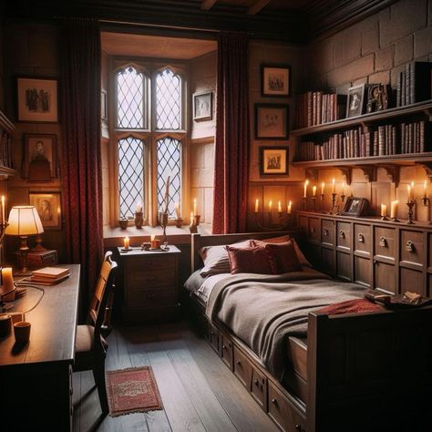 Castle Bedroom Aesthetic Medieval, Gryffindor Common Room Layout, Harry Potter Inspired Interior Design, Hogwarts Dorm Room Aesthetic, Hogwarts Dorm Aesthetic Gryffindor, Fantasy Academy Dorm Room, Hogwarts Inspired Bedroom, Bedroom Dark Academia Aesthetic, Fancy Boarding School Dorm