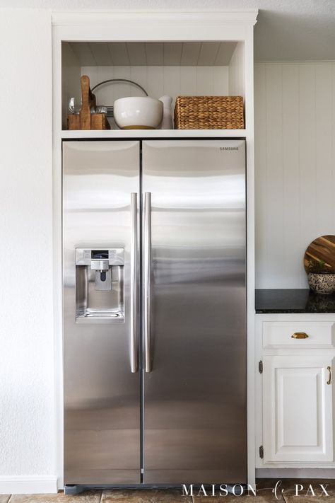 Want to maximize storage with an over refrigerator cabinet? Find out how to build one yourself with this DIY cabinet surround tutorial! #kitchenrenovation #diyproject #cabinets Diy Cabinet Above Refrigerator, Open Cabinet Above Fridge, Open Storage Above Fridge, Fridge In Alcove, Boxed Refrigerator, Open Cabinet Above Refrigerator, Fridge With No Upper Cabinet, Stand Alone Refrigerator Ideas, Framed Fridge