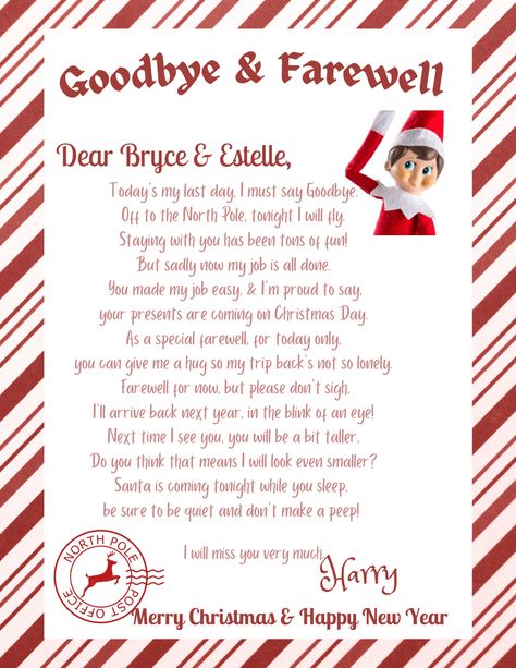 Goodbye Letter Elf On The Shelf Ideas, Goodbye Message From Elf On The Shelf, Goodbye Letters From Elf, Elf On The Shelf Saying Goodbye Ideas, Elfie Goodbye Letter, Elf Goodbye Letter For Older Kids, Elf Bye Letter, Elf On The Shelf Last Night Letter, Elf On The Shelf Retirement Letter