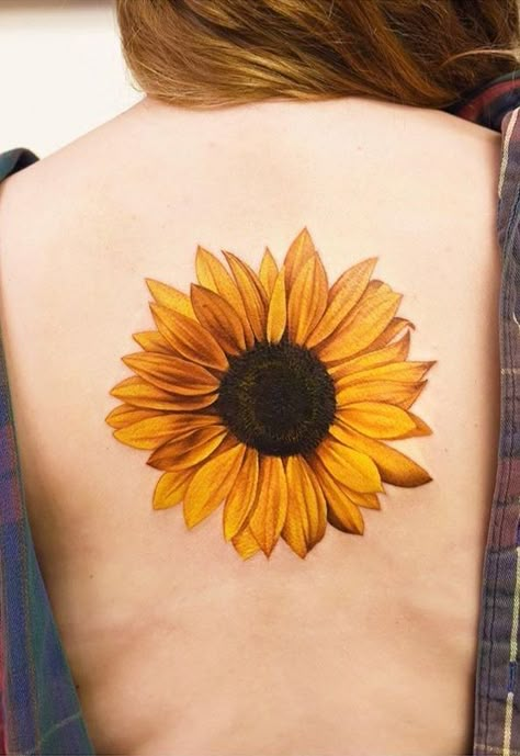 Sunflower Colored Tattoo, Sunflower Tattoo Large, Sunflower Tattoo With Color, 3d Sunflower Tattoo, Sunflower Cover Up Tattoo, Sunflower Tattoo Color, Realistic Sunflower Tattoo, Sunflower Back Tattoo, Sunflower Tattoo Shoulder