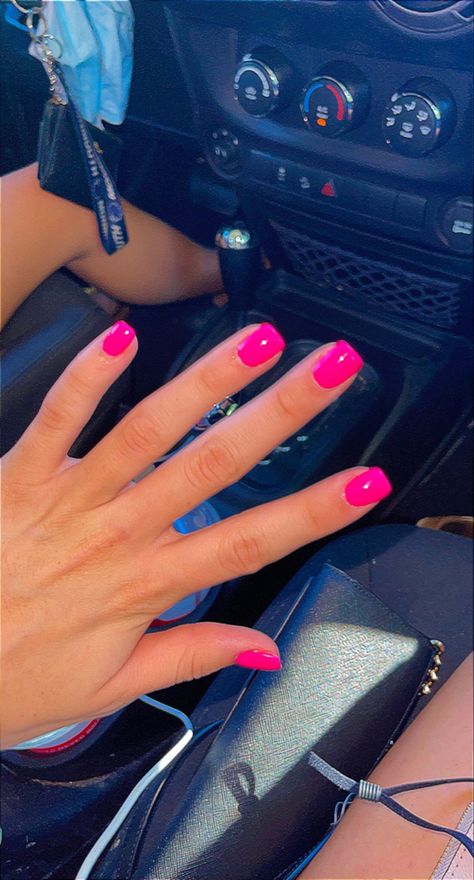 Hot pink LCN gel nails Very Short Tips Nails, Short Tip Nails Dip, Short Nails Ideas Plain, Short Square Nail Colors, Hot Pink Nail Ideas Summer Short, Short Square Acrylic Nails Preppy, Plain Nails For Summer, Short Square Acrylic Nails Plain Color, Vacation Color Nails