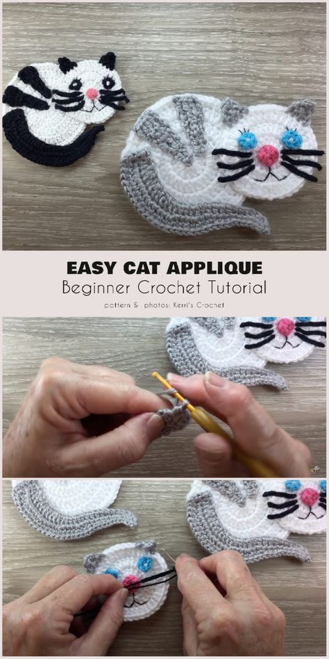 Easy Cat Applique Cat Motif Crochet, Crochet Cat Applique Pattern Free, Easy Crochet Applique Patterns Free, Crochet Motif Patterns Free, Crochet Cat Applique, Cat Applique Designs, Yarn Projects Crochet, Crochet Baby Projects, Crochet Applique Patterns Free