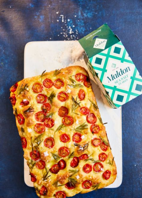 Cherry Tomato Foccacia, Tomato Focaccia, Mediterranean Flatbread, Maldon Salt, Work Recipes, Rosemary Focaccia, Tomato Dishes, Vegetable Pie, Easy Starters