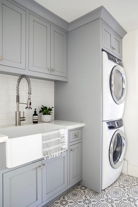 Shannon Weller_Interior Design_Del Mar, California | Projects (Title) Small Contemporary Laundry Room, Subway Tile Laundry Room, Small Utility Room, Metro White, Grey Laundry Rooms, Stacked Laundry Room, Laundry Room Sink, Laundry Room Layouts, Laundry Room Renovation