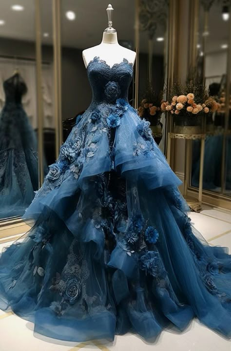 Sapphire Blue Gown, Dark Blue Ball Gown, Midnight Blue Prom Dresses, Goth Gown, Debut Gowns, Blue Ball Gown, Different Wedding Dresses, Expensive Dresses, Blue Ball Gowns