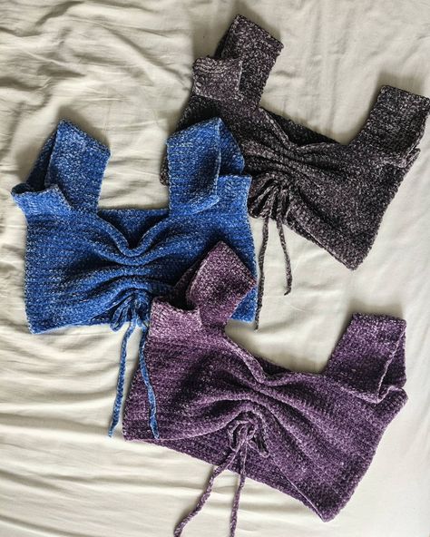 ❁ Crochet by Emily Rose ❁ on Instagram: “My latest velvet children 💙💜 Luurved making these customs over the weekend! Can't get enough of the velvety goodness 🤤” Velvet Crochet Top Pattern, Crochet Velvet Top Pattern Free, Velvet Crochet Clothes, Velvet Yarn Crochet Projects, Crochet Velvet Top, Velvet Yarn Projects, Velvet Top Pattern, Velvet Yarn Crochet Patterns, Crochet Velvet Yarn