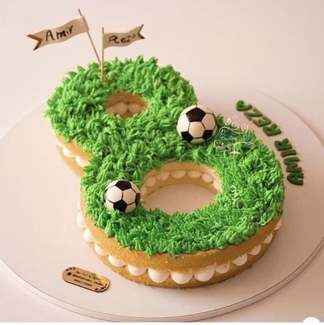 Number 8 Football Cake, Football Number Cake, Soccer Themed Cakes For Boys, 8 Cake Number, Number Cake For Boys, Soccer Cake Ideas For Boys, Number 8 Cake, Football Cakes For Boys, Soccer Birthday Cakes