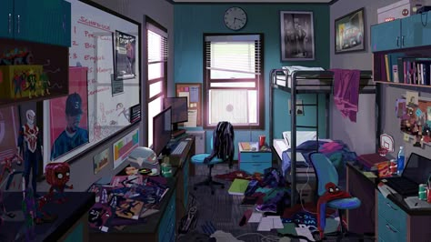 Into The Spiderverse Expectations, Miles Room Spiderverse, Into The Spiderverse Environment, Into The Spiderverse Shots, Spiderverse Environment Concept Art, Spider Verse Environment, Into The Spiderverse Style Art, Spider Verse Room, Spider-man Across The Spiderverse Concept Art