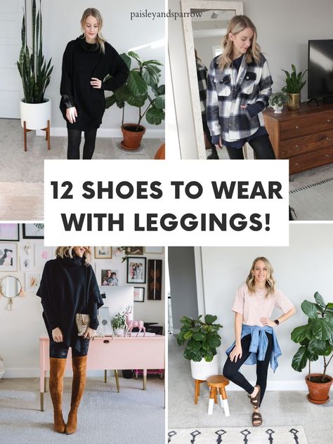 Shoe With Leggings, Leggings With Tall Socks, Leggings With Shoes Outfit Ideas, Leggings With Heels Outfit Classy, Shoes To Wear With Jegging, Legging Work Outfit Fall, Black Leggings Outfit Fall 2022, Shoes With All Black Outfit, Black Dress With Leggings And Boots