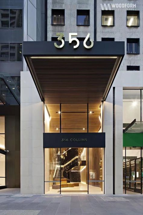 Office Entrance Design Exterior, Building Entrance Design, Residential Building Entrance, Residential Entrance, Wayfinding Signage Design, Retail Facade, Commercial Design Exterior, Shop Facade, Building Entrance