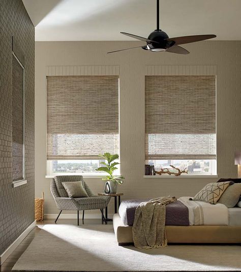 dual-shades-hunter-douglas-woven-blinds-beige-bedroom-austin-window-fashions Roller Shades Bedroom, Dual Roller Shades, Modern Window Shades, Blinds Interior Design, Roller Shades Living Room, Hunter Douglas Roller Shades, Roller Blinds Living Room, Room Shades, Hunter Douglas Shades