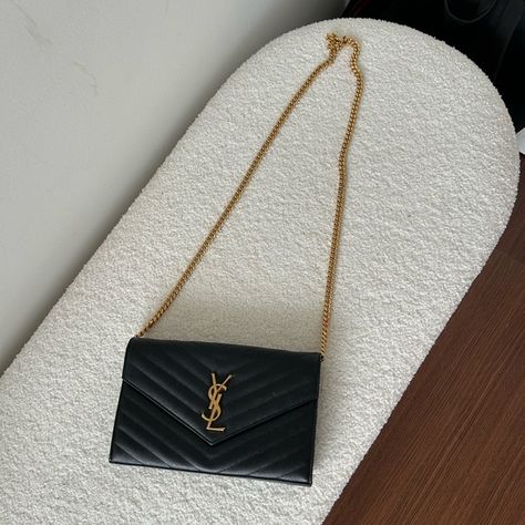 Saint Laurent YSL Monogram Large Wallet on Chain Grained Leather 100% Authentic Ysl Wallet On Chain, Ysl Wallet, Quilted Wallet, Chevron Quilt, Wallet On Chain, Large Wallet, Wallet Chain, Coin Pouch, Chain Strap