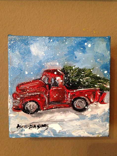 Original Christmas Painting, Red Truck Beautiful Winter Scenes, Truck Paint, Artist Palette, Christmas Car, Winter Painting, Canvas Painting Diy, Great Paintings, Christmas Truck, Christmas Paintings