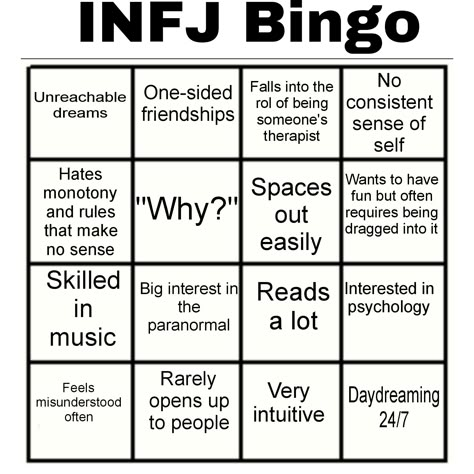 For my INFJ pookies <3 #mbti #infj #relatable #infjproblems #real #trendy #personality #16personalities #introverts #relatablepost Infj Male Characters, Infj T Core, Infj Personality Memes, Infj 9w1 Aesthetic, Enfj Bingo, Infj And Istp, Infj-t Core, Infj 2w1, Infj Bingo