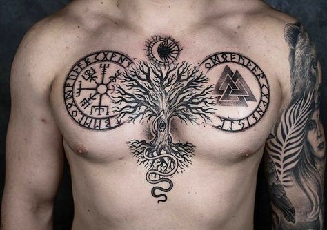 Vegvisir Chest Tattoo, Yggdrasil Tattoo Vikings, Nordic Chest Tattoo, Polka Tattoo Designs, Yggdrasil Tattoo, Viking Rune Tattoo, Trash Polka Tattoos, Viking Warrior Tattoos, Trash Polka Tattoo Designs