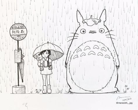 Totoro Pencil Drawing, Totoro Umbrella Scene, My Neighbor Totoro Line Art, Studio Ghibli Scenes To Draw, Cute Totoro Drawing, Totoro Sketch Drawing, Studio Ghibli Art Sketch, Ghibli Simple Art, Studio Ghibli Sketch Easy