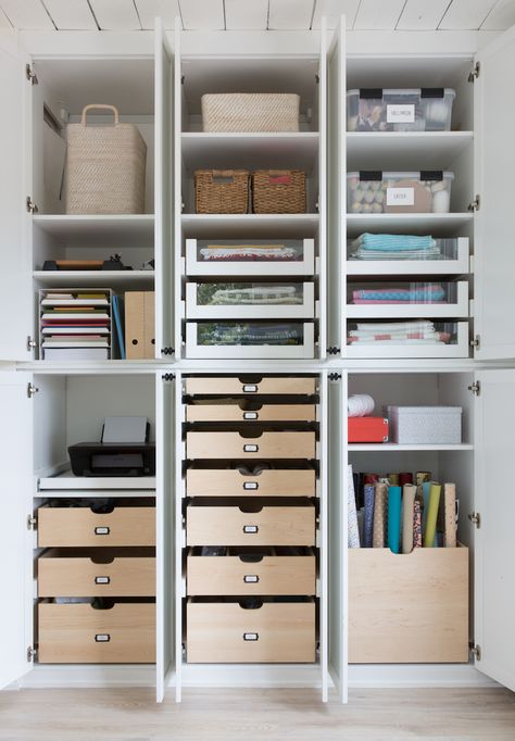 We're revealing our new super-organized and inspiring craft room at the Camille Styles studio! We think Martha Stewart would be proud. Craft Room Drawers, Closet In Office Ideas, Home Edit Craft Room, Cricut Work Station Ideas Diy, Design Studio Organization, Stationary Storage Ideas, Stationary Room, Studio Storage Ideas, Home Edit Organization