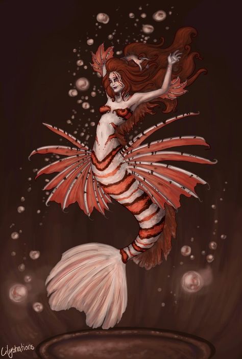 Lionfish Mermaid by lilythebird Lionfish Character Design, Dnd Mermaid, Mermen Art, Anglerfish Mermaid, Lionfish Mermaid, Mermaid Webtoon, Goddess Reference, Mermaids Based On Fish, Koi Mermaid