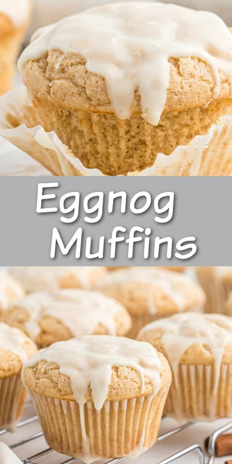 These glazed eggnog muffins are perfect for Christmas morning breakfast! Eggnog Muffin Recipe, Eggnog Muffins, Christmas Muffins, Eggnog French Toast, Vegan Cinnamon Rolls, Christmas Morning Breakfast, Vegan Christmas Recipes, Holiday Breakfast, Vegan Christmas