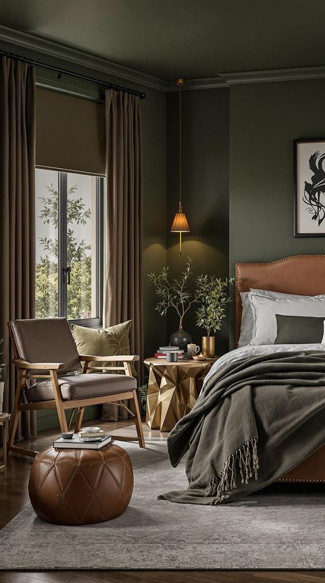 Dark Green Bedroom Dark Green Hunting Room, Dark Green Brown Bedroom, Dark Green Bedroom Ceiling, Bedroom With Olive Green Accents, Dark Green Paint Bedroom, Green And Walnut Bedroom, Dark Olive Bedroom, Green And Dark Wood Bedroom, Dark Green Bedroom Color Scheme