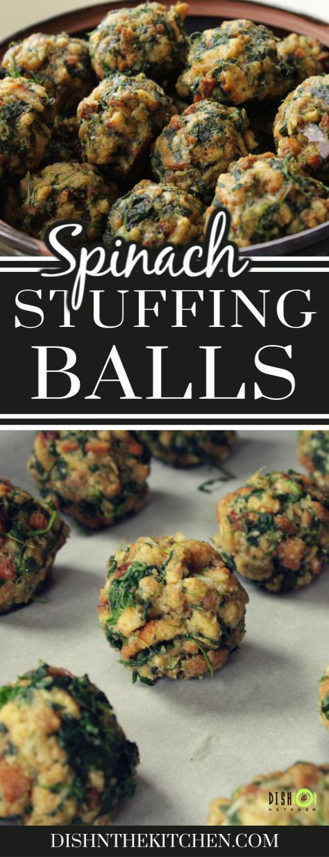 Here's one of our family's favourite holiday side dishes. Spinach Stuffing Balls are easy to make ahead of time and warm up in a jiffy while the turkey is being carved. #stuffingballs #sides #Thanksgiving #ChristmasDinner #Dinner #SpinachStuffingBalls Stuffing Spinach Balls, Best Sides For Turkey Dinner, Spinach Stuffing Balls Recipe, Spinach Stuffing Balls, Spinach Balls With Stuffing Mix Recipe, Christmas Sides Dishes, Spinach Balls Recipe, Veggie Stuffing, Spinach Dishes