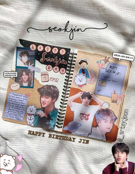 Jin Birthday Journal, Happy Birthday Jin Bts, Jin Journal, Kpop Scrapbook, Bts Craft, Jin Birthday, Happy Birthday Jin, Birthday Journal, Drawing Bts