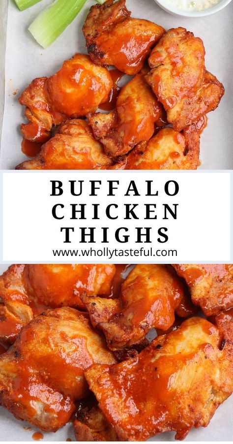 split screen of two photos of buffalo chicken thighs Chicken Thigh Recipes Buffalo, Buffalo Chicken Thigh Recipes, Boneless Ski Less Chicken Thigh Recipes, Skinless Chicken Thigh Recipes Air Fryer, Hot Sauce Chicken Recipes, Boneless Skinless Chicken Thigh Recipes Healthy Low Carb, Buffalo Chicken Thighs Boneless, Keto Boneless Skinless Chicken Thighs, Boneless Skinless Chicken Thighs Airfry